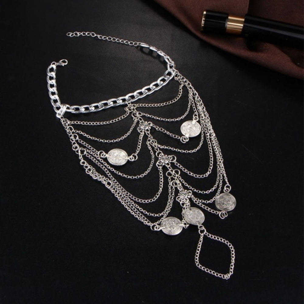 Boho Silver Coin Layered "BareFoot" Sandal Anklet - Picture 2 of 4